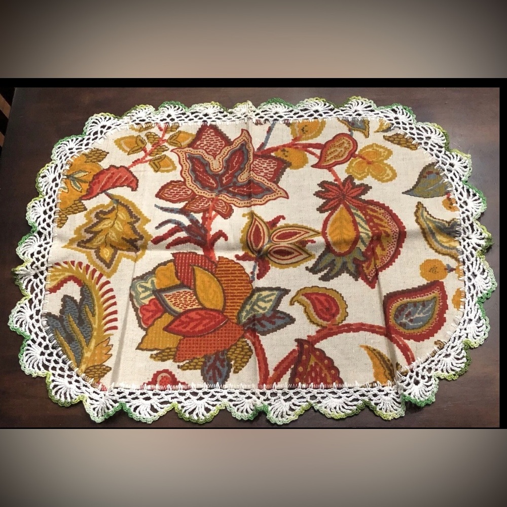 Vintage Autumn Floral Jacquard Placemats Set of 6 Crochet Lace Edge Fall Linens